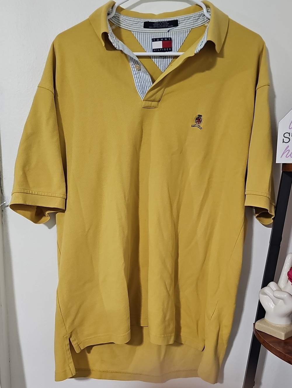 Vintage Tommy Hilfiger Polo Shirt Mens L Mustard Yellow Crest Logo 100% Cotton